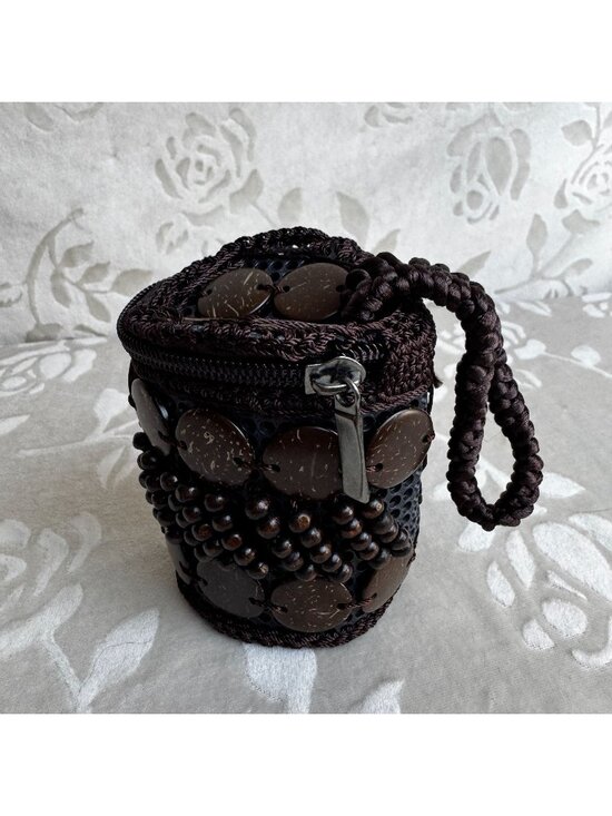 Handcrafted Handbags - Ethnic Style Retro Handcrafted Coconut Shell & Bead Zipper Coin Pouch Boho Style